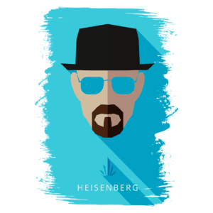 Ilustração estilizada de Heisenberg, personagem icônico da série Breaking Bad, com chapéu preto e óculos escuros, em fundo azul.