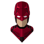Ilustração estilizada do personagem Daredevil, com uniforme vermelho e máscara característica, destacando os detalhes do traje em estilo minimalista.