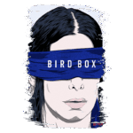 Ilustração da personagem principal do filme "Bird Box", com um pano azul cobrindo os olhos, simbolizando a temática de cegueira e sobrevivência. O título "BIRD BOX" está destacado em letras brancas no centro da imagem. Logotipo da Netflix localizado no canto inferior direito.