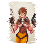 Personagem feminina de videogame com cabelo curto e óculos de proteção, segurando armas em ambas as mãos, vestindo um traje de combate com uma luz no centro do peito. Fundo com efeito artístico em estilo digital.