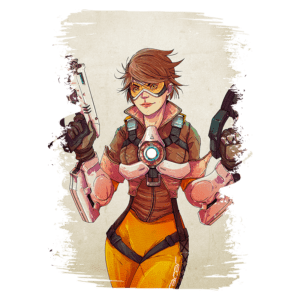 Personagem feminina de videogame com cabelo curto e óculos de proteção, segurando armas em ambas as mãos, vestindo um traje de combate com uma luz no centro do peito. Fundo com efeito artístico em estilo digital.