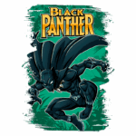 Imagem do super-herói Pantera Negra em estilo de quadrinhos, com traje preto e detalhes em prata, posicionado em uma ação dinâmica. O fundo apresenta uma vegetação verde, destacando sua conexão com a natureza e o ambiente de Wakanda.