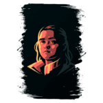 Retrato estilizado de uma personagem com cabelo longo, vestindo um casaco escuro e uma camisa com gola, em um fundo preto com detalhes em vermelho e laranja.