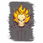 Ilustração de uma caveira com cabelo em chamas, apresentando olhos vermelhos e espinhos, em um fundo cinza. A arte tem um estilo ousado e vibrante, ideal para temas de fantasia e terror.