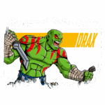 Personagem Drax dos Guardiões da Galáxia com pele verde e marcas vermelhas, expressando fúria e segurando uma arma. O fundo tem um efeito artístico com a palavra "DRAX" em destaque.