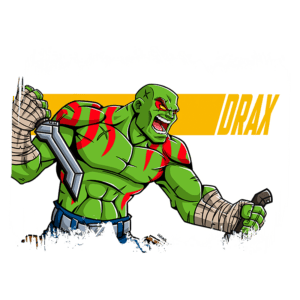 Personagem Drax dos Guardiões da Galáxia com pele verde e marcas vermelhas, expressando fúria e segurando uma arma. O fundo tem um efeito artístico com a palavra "DRAX" em destaque.