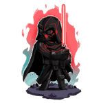 Ilustração de um personagem com um capacete preto e capa, segurando um sabre de luz vermelho, em um fundo com efeitos de luz. O estilo é cartoon e o personagem parece poderoso e imponente.