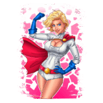 Super-heroína com cabelo loiro e roupa branca, posando com um punho cerrado e um sorriso confiante, em um fundo colorido com formas geométricas.