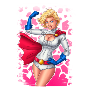 Super-heroína com cabelo loiro e roupa branca, posando com um punho cerrado e um sorriso confiante, em um fundo colorido com formas geométricas.