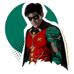 Imagem de um personagem de super-herói, com traje vermelho e verde, máscara preta e capa, apresentando um visual ousado e enigmático. O fundo possui elementos gráficos em tons de verde e azul, destacando o personagem.