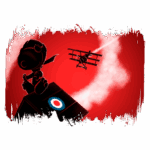 Snoopy vestido de aviador em cima de uma caixa com um emblema, observando um avião biplano que solta fumaça em um fundo vermelho vibrante.