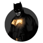 Ilustração do Batman, personagem icônico dos quadrinhos, com traje preto e símbolo amarelo iluminado no peito, em fundo circular escuro.