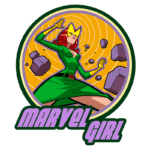 Ilustração da personagem Marvel Girl, com cabelo vermelho e usando um vestido verde, em uma pose de poder. Ela está cercada por pedras flutuantes em um fundo amarelo espiralado. O texto "MARVEL GIRL" está em destaque na parte inferior.