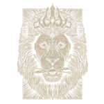 Cabeça de leão desenhada com detalhes em estilo artístico, adornada com uma coroa. O leão segura um pincel na boca, refletindo um conceito criativo e majestoso. Fundo verde simples para destacar o desenho.