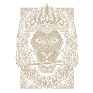 Cabeça de leão desenhada com detalhes em estilo artístico, adornada com uma coroa. O leão segura um pincel na boca, refletindo um conceito criativo e majestoso. Fundo verde simples para destacar o desenho.