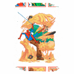 Ilustração colorida do Homem-Aranha em ação, lutando contra um oponente em um ambiente surreal, com elementos de areia e formas abstratas ao fundo. A cena mostra o Homem-Aranha usando suas habilidades acrobáticas e lançando teias em um adversário estilizado.