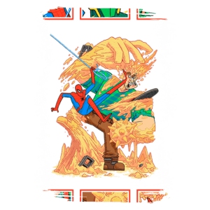 Ilustração colorida do Homem-Aranha em ação, lutando contra um oponente em um ambiente surreal, com elementos de areia e formas abstratas ao fundo. A cena mostra o Homem-Aranha usando suas habilidades acrobáticas e lançando teias em um adversário estilizado.