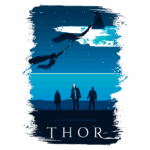 Pôster do filme "Thor", dirigido por Kenneth Branagh, com ilustrações de Thor e Loki em ação, refletindo a mitologia nórdica. A arte apresenta um fundo azul com silhuetas de personagens e elementos celestiais, enfatizando a luta entre os deuses.