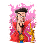 Ilustração de um personagem com capa vermelha e mão levantada, representando um mago poderoso, com cabelo escuro e expressão séria, em um fundo rosa com elementos mágicos.