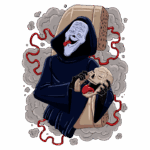 Imagem de um personagem sombrio e caricaturesco, vestido com um manto escuro, segurando uma caveira e mostrando a língua. O fundo apresenta elementos de fumaça e fios vermelhos, criando uma atmosfera macabra e divertida.
