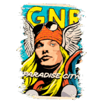 Ilustração de um personagem em estilo pop art representando Axl Rose, vocalista da banda Guns N' Roses, com cabelos longos e um lenço vermelho, asas brancas e um fundo colorido com as palavras "GNR" e "PARADISE CITY".