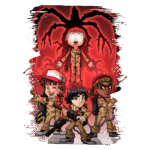 Ilustração em estilo cartoon de quatro personagens com trajes de caça-fantasmas, em um fundo vermelho dramático. Os personagens estão prontos para a ação, segurando equipamentos de captura de fantasmas.