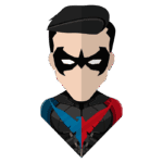 Ilustração de um super-herói com traje preto e detalhes em azul e vermelho, usando uma máscara e com um penteado moderno, representando um personagem famoso das histórias em quadrinhos.