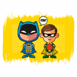 Ilustração divertida do Batman e do Robin em estilo cartoon, com fundo amarelo e a palavra "POW!" em destaque, representando ação e aventura.