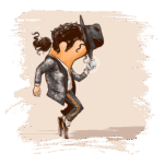 Ilustração de um dançarino estilizado com cabelo encaracolado, usando um terno brilhante e chapéu, realizando um passo de dança icônico. O fundo apresenta um efeito de pincelada suave, destacando o movimento e a energia da cena.