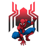 Homem-Aranha em pose de ação, com traje vermelho e azul, destacando-se em frente a um fundo com símbolo de aranha em vermelho. Ideal para temas de quadrinhos e cultura pop.