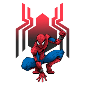 Homem-Aranha em pose de ação, com traje vermelho e azul, destacando-se em frente a um fundo com símbolo de aranha em vermelho. Ideal para temas de quadrinhos e cultura pop.