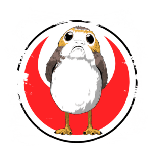 Porg cartoon caracterizado em um emblema estilo Star Wars, com fundo vermelho e preto, destacando sua expressão curiosa e olhar grande. Ideal para fãs da franquia e amantes de personagens icônicos.