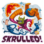 Imagem divertida e colorida apresentando personagens de quadrinhos, incluindo um alienígena Skrull, o Homem-Torcha em chamas, o Coisa com sua textura rochosa, e outros personagens icônicos em ação. O título "SKRULLed!" aparece em destaque na parte inferior.