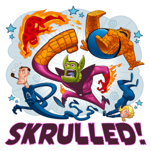 Imagem divertida e colorida apresentando personagens de quadrinhos, incluindo um alienígena Skrull, o Homem-Torcha em chamas, o Coisa com sua textura rochosa, e outros personagens icônicos em ação. O título "SKRULLed!" aparece em destaque na parte inferior.