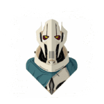 Ilustração digital do personagem General Grievous, um vilão icônico da saga Star Wars, com olhos amarelos e um design robótico distinto, vestindo um manto azul e com detalhes mecânicos visíveis.