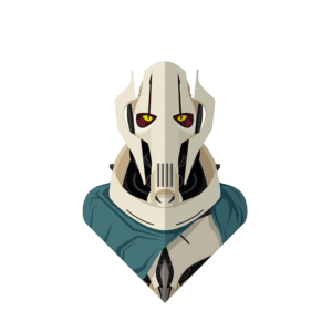 Ilustração digital do personagem General Grievous, um vilão icônico da saga Star Wars, com olhos amarelos e um design robótico distinto, vestindo um manto azul e com detalhes mecânicos visíveis.
