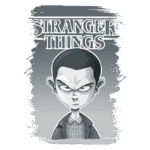Ilustração em estilo de desenho animado do personagem principal de Stranger Things, com expressão séria e fundo em tons de cinza.