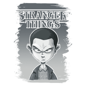 Ilustração em estilo de desenho animado do personagem principal de Stranger Things, com expressão séria e fundo em tons de cinza.