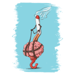 Ilustração de um cérebro amarrado sendo puxado por um cigarro aceso, simbolizando os efeitos prejudiciais do fumo sobre a saúde mental. Fundo azul vibrante e traços estilizados.