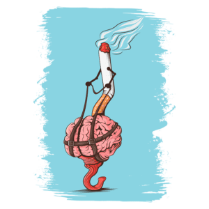 Ilustração de um cérebro amarrado sendo puxado por um cigarro aceso, simbolizando os efeitos prejudiciais do fumo sobre a saúde mental. Fundo azul vibrante e traços estilizados.