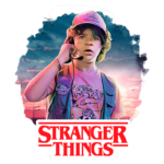 Imagem do personagem Dustin de "Stranger Things", usando um boné e um microfone, com um fundo colorido que remete à atmosfera da série.