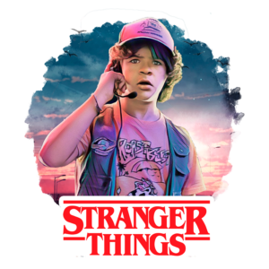 Imagem do personagem Dustin de "Stranger Things", usando um boné e um microfone, com um fundo colorido que remete à atmosfera da série.