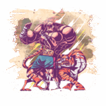 Ilustração de um lutador musculoso em estilo cartoon, vestindo calças de boxe e luvas, posando com um tigre estilizado. O fundo apresenta uma textura abstrata e cores vibrantes, transmitindo uma sensação de força e energia. Ideal para temas de artes marciais ou design de jogos.