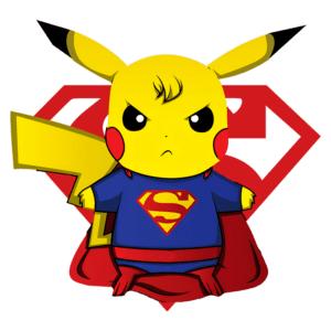 Pikachu vestido como Super-Homem, com expressão séria, segurando a capa vermelha, atrás de um símbolo em forma de diamante vermelho.
