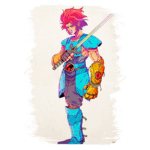 Personagem de quadrinhos com cabelo vermelho e espada, usando uma armadura azul vibrante e luvas amarelas características. O fundo é neutro, destacando o design colorido e detalhado da figura.