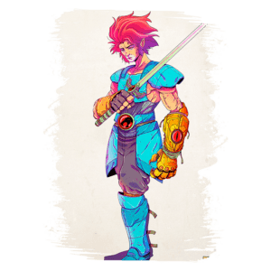 Personagem de quadrinhos com cabelo vermelho e espada, usando uma armadura azul vibrante e luvas amarelas características. O fundo é neutro, destacando o design colorido e detalhado da figura.