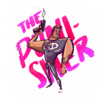 Personagem de quadrinhos musculoso segurando uma arma com fumaça, vestido com uma camiseta preta com um desenho de caveira, ao fundo está escrito "The Punisher" em letras grandes e coloridas.