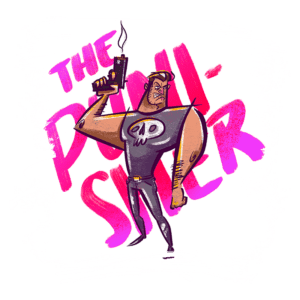 Personagem de quadrinhos musculoso segurando uma arma com fumaça, vestido com uma camiseta preta com um desenho de caveira, ao fundo está escrito "The Punisher" em letras grandes e coloridas.