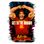 Imagem promocional de Donkey Kong, apresentando um personagem musculoso com expressão animada, segurando os punhos para cima, em um fundo vibrante com escadas e a frase "GET TO THE KONGA!!!". Ilustração da Nintendo.