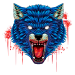 Cabeça de lobo azul com expressão feroz, mostrando dentes afiados e olhos brilhantes, em um fundo vermelho vibrante. Ideal para temas de arte digital e ilustrações de criaturas fantásticas.
